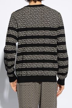 58% wool 36% linen 6% polyamide Black Luxury Jacquard Knit Sweater, Designer Wool Sweater With Jacquard Knit, Designer Wool Jacquard Knit Sweater, Luxury Wool Jacquard Knit Sweater, Designer Monogram Print Sweater For Fall, Designer Monogram Print Fall Sweater, Balmain Sweater, Balmain Jeans, Burberry Shop