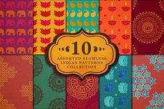 Need to jazz up your next project? Then this assorted collection of seamless indian patterns are just for you! These 10 colourful patterns, consisting of both, hand drawn and vector elements, are a treat. This seamless pattern collection takes inspiration from several Indian design and motifs, and can add a pop of colour to any of your designs. These patterns can be used for your textile project (scarves, dresses, bed spreads, bags, cushions, table cloth etc.),or for your next print project (mob Arabian Pattern, Standee Design, Colourful Patterns, India Pattern, Textiles Projects, Blog Backgrounds, Vector Elements, Indian Patterns, Indian Prints