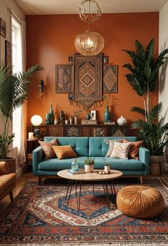 a living room with orange walls and blue couches, potted plants and rugs