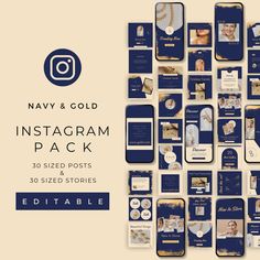 the navy and gold instagramm pack is displayed on an iphone, with other photos