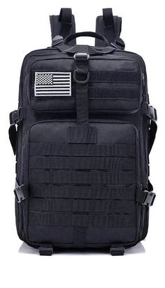 a black backpack with an american flag on the front and side pocket, all zippered together