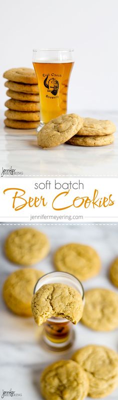 soft batch beer cookies with a glass of beer in the foreground and on the right