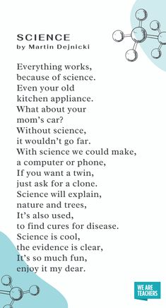 a poem written in black and white on a blue background with the words science by martin delnicki