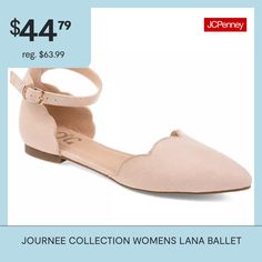 Point your toe in style with the Lana flat by Journee Collection. This flat features a pointed toe, scalloped detail on the toe and heel, and an ankle buckle strap. This dainty flat can easily be transformed from day to night.Features: LightweightShoe Heel Height: 1/2 InchUpper/Outer Base Material: 100% SyntheticShoe Lining Material: SyntheticSole Material Content: 100% RubberToe Type: Pointed ToeShoe Strap Type: Ankle StrapCare: Spot CleanHeel Style: Block HeelCountry of Origin: Imported Shoes Ballet Flats, Journee Collection, Ballet Flat Shoes, Ballet Flats, Heel Height, Ballet, Buckle, Heels