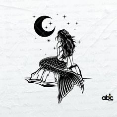 a mermaid sitting on top of a rock under a crescent moon with stars in the background