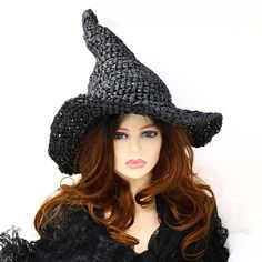 "Happy Summer-ween! You can certainly wear this black Raffia straw witch hat all year, but it is specifically designed with Spring and Summer in mind! I chose to make this from Raffia so it would be airy and lightweight, but still shapeable. Firm enough to stand on its own with that classic shape and an adjustable wide brim. Airy enough to get through the heat and folds flat for travel. You can add your own flowers, pins, or whatever through the holes in the hat or wear it as is. Some stretch so one size fits most. -Fits between 21\" to 23.5\" head circumference. -3.5\" brim -spot clean How to measure your head: - Using a fabric tape measure or a string, place it flat against your head, and measure around the area directly above your ears. - Keep your tape measure/string as level as possib Fedora Hat For Halloween Costume Party, Black Fedora Halloween Costume Hat, Halloween Fedora For Costume Party, Black Fedora For Halloween, Witchy Hat With Curved Brim, Handmade Witchy Wide Brim Hat, Handmade Wide Brim Witchy Hat, Handmade Black Mini Hat For Beach, Wide Brim Hats For Costume Party