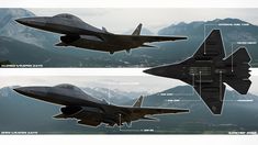 two pictures of fighter jets flying in the sky with mountains in the back ground and below them