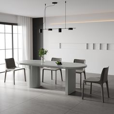 a dining room table and chairs in front of a large window