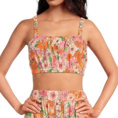 Gianni Bini Floral Woven Brielle Square Neck Crop Top* Nwt Size Xl Style No. 70723bl0522 Pit To Pit 18” (A Lot Of Room For Stretch) Under Bust 17” Length 16” Color: 70s Floral Floral Print Boho Sleeveless Crop Top Elastic Collar-Line And Under Bust Pull Over Style Orange / Pink / White / Green Color-Way Very Roomy 100% Cotton Machine Washable Retail $59 *Stock Photo To Show Fit/Style - The Remaining Pics Are Of Actual Listed Item Chic Pink Top For Garden Party, Pink Cropped Vacation Top, Pink Top For Summer Garden Party, Pink Top For Garden Party Summer, Peach Floral Print Tops For Vacation, Feminine Pink Tops For Beach, Feminine Pink Tops For The Beach, Feminine Pink Beach Tops, Pink Cropped Tops For Beach