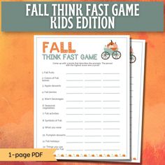 the fall trink fast game for kids is shown in front of an orange background