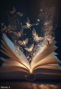 an open book with butterflies flying out of it and glowing in the air from its pages