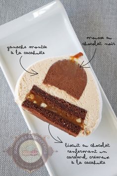 a piece of cake on a white plate with chocolate and caramel toppings, labeled in french