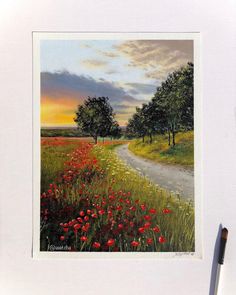 a painting of a country road with red flowers