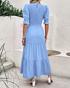 Brand: BTFBMColor: Solid Light BlueFeatures: FEATURES: S=US 4-6，M=US 8-10，L=US 12-14，XL=US 16-18/Summer Dresses For Women 2023 / Maxi Dress For Women / Spring Dresses For Women / Boho Dress For Women / Crew Neck / Short Puff Sleeves With Elastic Ruffle Cuff / Stretchy Smocked Bodice (Smocking At Bust And Waist) / Pattern: Floral And Leopard Print / Tiered Flare A- Line / Pleated Hem / Swing And Flowy COMFY BOHEMIAN DRESS FOR WOMEN: The Flowy Dresses For Women It Is Pleasant To Wear Thanks To Its Ruched Tiered Midi Dress, Solid Ruched Tiered Midi Dress, Casual Solid Color Tiered Midi Dress, Light Blue Maxi Dress With Ruffle Hem, Non-stretch Ruffled Midi Dress For Vacation, Casual Maxi Dress With Puff Sleeves And Ruffles, Light Blue Tiered Midi Dress, 2023 Maxi Dress, Women Spring Dresses