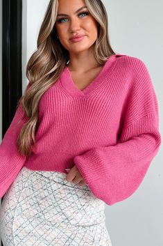 Fabulously Chic Cropped Balloon Sleeve Sweater (Magenta) – NanaMacs Pink Textured Knit V-neck Sweater, Cozy Pink V-neck Sweater, Casual Pink Knit V-neck Sweater, Trendy Pink V-neck Sweater, Spring Textured Knit V-neck Sweater, Pink V-neck Sweater For Winter, Pink Long Sleeve V-neck Sweater, Pink Soft Knit V-neck Sweater, Trendy Textured Knit V-neck Sweater