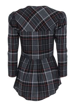 A fresh take on classic plaid by Veronica Beard. A grey, black, and orange pattern is placed on gauze fabric and elevated by metal buttons. This piece can be worn as is or with a tank top underneath for an added layer. Pair with jeans on the weekend or with cotton trousers for a casual Friday at the office. Size 2 73% Viscose, 24% Wool, 2% Nylon, 1% Elastane V-neckline Front metal buttons Hi-low hem Textured material Bust 35" Waist 30" Front shoulder to hem 24.5" Back shoulder to hem 29" Sleeve length 21" Plaid Tops For Workwear In Fall, Plaid Tops With Button Closure For Fall, Plaid Top For Fall Workwear, Plaid Button Closure Workwear Top, Gray Cotton Blouse For Fall, Fitted Plaid Shirt For Winter, Winter Plaid Buttoned Tops, Fitted Plaid Long Sleeve Top, Fitted Gray Shirt For Fall