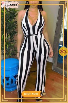 Stripe Print Hang Neck Jumpsuit with Belt Trendy Striped Jumpsuits And Rompers For Beach, Chic Striped Fitted Bodysuit, Chic Fitted Striped Bodysuit, Trendy Striped Jumpsuits And Rompers For Summer, Trendy Striped Jumpsuits And Rompers For Vacation, Striped V-neck Jumpsuits For Vacation, Trendy Striped Fitted Bodysuit, Trendy Striped Fitted Jumpsuits And Rompers, Trendy Fitted Striped Jumpsuits And Rompers