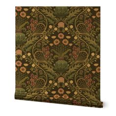 an ornate wallpaper design with flowers and leaves on dark green background canvas art print