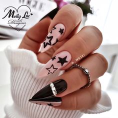 Black Almond Nails, Star Nails, Fire Nails, Bling Nails, Fancy Nails, Rhinestone Nails