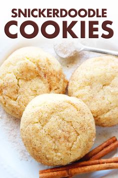 the best soft snickkerdoodle cookies without crumbs on a white plate with cinnamon sticks