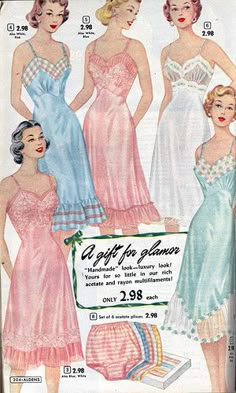 Mid 1950 full slip ad is just so alluring for me. I am such a softee for satiny full slips! 50s Nightwear, 1950s Nightwear, 1950s Sleepwear, 50s Nightgown, 1950s Nightgown, Patron Vintage, 1950 Fashion