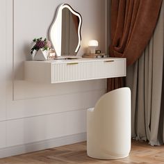 a white dressing table with a mirror and stool in front of a curtained window