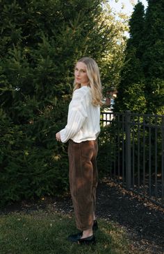 These bottoms run true to size, with a baggier fit. Model is wearing size small pinned. small: 2-4 medium: 6-8 Large: 8-10 Brown Suede Pants, Barrel Pants, Cords Pants, Suede Pants, Pants Brown, Small Pin, Baggy Fits, Brown Suede, Fashion Pants