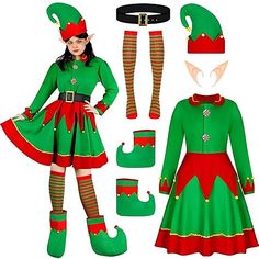 a woman in green and red dress standing next to elf hats, boots and stockings