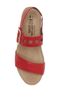 A supple leather upper with metallic accents and a polished buckle offers eye-catching appeal to this open-toe sandal with a low wedge for added comfort. 1 3/4" heel (size 39) Cushioned cork-and-latex footbed with arch support Leather upper and lining/synthetic sole Imported Red Leather Slingback Sandals With Buckle Closure, Red Slingback Sandals With Buckle Closure, Red Slingback Sandals With Buckle Closure And Round Toe, Red Sandals With Leather Footbed And Single Toe Strap, Leather Sandals With Cork-bed Midsoles And Low Heel, Leather Sandals With Low Heel And Cork-bed Midsoles, Leather Wedge Sandals With Buckle Closure, Low Heel Leather Wedge Sandals With Buckle, Leather Low Heel Wedge Sandals With Buckle Closure