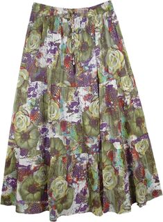 Green Purple Deep Floral Cotton Skirt - A calm and peaceful floral print on this swingy, swirly cotton skirt is utter bliss in the warm summer months. Fads and trends may come and go but flowers bloom in all the seasons, flowers can never go out of fashion. This midi length floral print skirt puts you in a tropical rain forest in full bloom and combines comfort and style in one. Pair this cotton printed skirt with a solid top and some patent heels for a fun summer day on the beach. Romantic and Hippie Floral Print Flowy Skirt, Spring Multicolor Floral Patchwork Skirt, Green Flared Skirt With Floral Print, Green Flared Maxi Skirt With Floral Print, Hippie Floral Print Tiered Skirt, Hippie Tiered Skirt With Floral Print, Hippie Tiered Floral Print Skirt, Casual Floral Patchwork Skirt For Summer, Vacation Floral Print Green Skirt