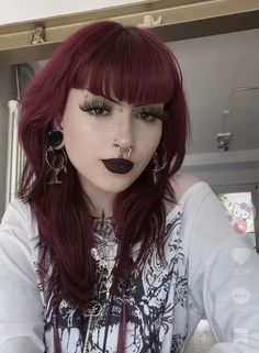 Bold Goth Hair Cut Ideas 2023 Long Hair Undercut With Bangs, 2023 Alt Hair Trends, Long V Bangs, Color Goth Outfits, Goth Girl Haircut, Alternative Haircuts Medium With Bangs, Cool Hair Cuts Women, Medium Goth Hair, Alt Hair Colours