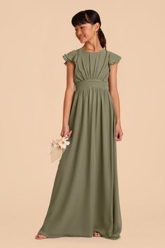 This sweet ruffle-sleeved dress in Moss Green is a dream for a junior bridesmaid. Featuring a waistband tie in back for juniors who are between sizes. Perfect for a younger junior bridesmaid or an older flower girl, this frilly-sleeved look is cute as a button. And the hidden side pockets are perfect for stashing her favorite lip balm, instructions for how to save the world, etc.n | Moss Green Bridesmaid Dress Chiffon Size Small | Birdy Grey Celine Junior Green Chiffon Bridesmaid Dress, Slate Blue Bridesmaid Dresses, Forest Green Bridesmaid Dresses, Olive Bridesmaid Dresses, Olive Green Bridesmaid Dresses, Bridesmaid Dress Chiffon, Junior Dress, Chiffon Long Dress, Birdy Grey