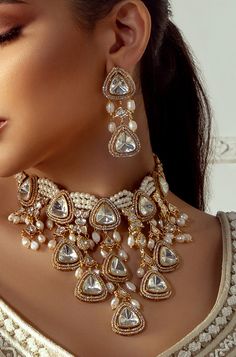 Polki & Pearl Drops Bridal Necklace Set I Joules by Radhika – B Anu Designs Jewelry Design Bridal, Polki Bridal Jewellery Set, Jadau Jewellery Set, Jewelry Accessories Indian, Polki Bridal Set, Real Polki Jewellery, White Gold Charm Necklace, Pearl Indian Jewellery, Polki Bridal Jewellery