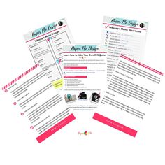 four different types of brochures with pink and blue accents on the front, one is