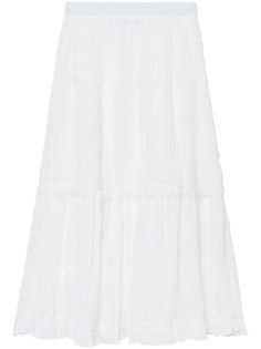 optical white ruffled detailing tiered skirt elasticated waistband high-waisted ruffle hem mid-length Chic Tiered Maxi Skirt With Layered Hem, Chic Tiered Voluminous Maxi Skirt, Chic Voluminous Tiered Maxi Skirt, Chic Tiered Voluminous Skirt, Chic Voluminous Tiered Skirt, Feminine Tiered Ruffle Maxi Skirt, Elegant Tiered Bottoms With Elastic Waistband, White Flared Skirt With Ruffle Hem, White Ruffled Flared Maxi Skirt