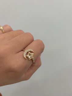 Moon and star ring, in 14k gold, very detailed design made in italy, with cubic zirconias that add brightness to the piece, size 7 but we can make it to the measure you need, if you have a question you can send us a message, item sold by piece, weight undetermined. Moon And Star Ring, Detailed Design, Moon And Star, Star Ring, Rings Statement, Statement Rings, Beauty Book, Jewelry Rings, In Italy