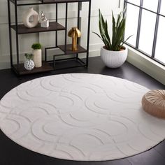 a large white rug in the middle of a room next to a potted plant