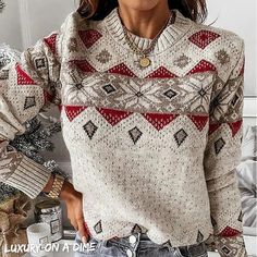 Geometric Fair Isle Contrasting Winter Snowflake Long Sleeve Minimalist Sweater This knit sweater offers functionality with beautiful design that can be worn well after the Christmas holiday.Classic, simple minimalist but definitely not basic.Features a geometric contrasting snowflake fair isle print.Round neckline, long sleeves and bottom hem all have ribbed trim.Perfect pullover for pairing with jeans or leggings for fall and easy to layer for winter.Casual chic with a playful girl-next-door e Apricot Sweater, Ugly Holiday Sweater, Geometric Knit, Fair Isles, Estilo Chic, Round Neck Sweaters, Vintage Casual, Casual Sweaters, Cozy Knits