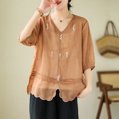 Details: Gender: Women Item Type: Blouse Material: Linen Pattern Type: Embroidery Season: Summer Style: Leisure, Daily, Retro Occasion: Going Out, Daily Size: One Size Length: 63.00 - 66.00 cm/ 24.80 - 25.98 " Bust: 120.00 cm/ 47.24 " Spring Embroidered V-neck T-shirt, Floral Embroidered V-neck Top With Relaxed Fit, Cotton V-neck T-shirt With Floral Embroidery, Casual V-neck T-shirt With Floral Embroidery, Embroidered Solid Color Short Sleeve Tops, Casual Embroidered Short Sleeve Top For Spring, Summer Floral Embroidered V-neck T-shirt, Embroidered Short Sleeve Solid Tops, Summer Floral Embroidery Half Sleeve Tops