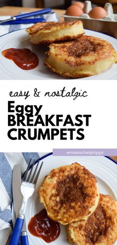 eggy breakfast crumpets on a plate with ketchup