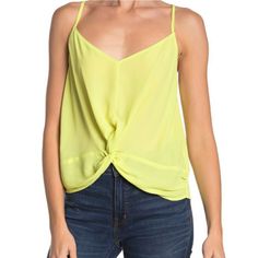 **Brand New, With Tags** Lush Knot Front Camisole Size: Small Color: Neon Like Spaghetti Straps 100% Polyester Woven Construction Approximately 23" Length Yellow Spaghetti Strap Tank Top For Vacation, Trendy Yellow Cami Top, Chic Yellow Spaghetti Strap Top, Trendy Yellow Camisole Tank Top, Summer Yellow Camisole With Spaghetti Straps, Yellow Summer Camisole For Beach, Yellow Summer Camisole For The Beach, Yellow Camisole Tops For Beach, Yellow Summer Camisole For Vacation