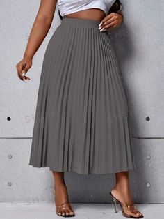 Style:Casual \nType:Pleated \nDetails:Pleated \nColor:Grey \nPattern Type:Plain \nWaist Line:Natural \nLength:Midi \nTemperature:Spring/Fall (18-25℃/63-77℉) \nFit Type:Regular Fit \nFabric:Non-Stretch \nMaterial:Woven Fabric \nComposition:100% Polyester \nCare Instructions:Machine wash, do not dry clean \nSheer:No \n Cocktail Dress Curvy, Curvy Pants, Maxi Dress Cocktail, Curvy Dress, Mini Dress Casual, Plus Size Skirts, Orange Fashion, Maxi Dresses Casual, Pleated Midi Skirt