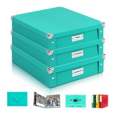 three different colored boxes with pictures on the front and bottom, one is blue in color