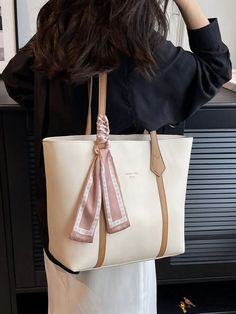 BirdinBag - Chic Work Tote with Twilly Scarf Detail: Medium Shoulder Bag Cream Handheld Bag For Office, Cream Handheld Office Bag, Trendy Cream Office Bag, White Casual Office Bag, Square Cream Office Bags, Casual White Office Bag, Casual Cream Bags For Office, Casual Cream Office Bags, Twilly Scarf