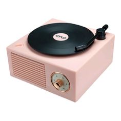 the record player is pink and black