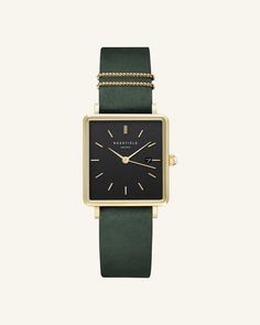 The Boxy Black Forest Green Gold | Rosefield Official Rosefield Watch, Watch Green, Gold Drop Necklace, Green Watch, Green Bracelet, Rose Gold Watches, Rose Gold Case, West Village, Nubuck Leather