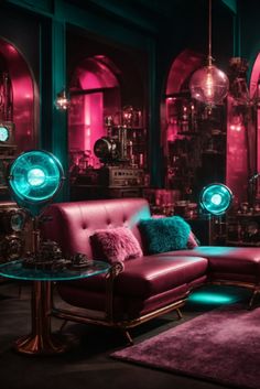 a living room filled with lots of furniture and colorful lights on the wall behind it