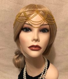 1920s Goldtone Headchain Flapper Gatsby 1920's stye art deco goddess head chain band headband 20s he Gold Gatsby Headpiece For Party, Gold Gatsby Style Party Jewelry, Vintage Gold Headpiece For Evening, Gold Gatsby Headpieces For Evening, Gold Gatsby Evening Headpieces, Adjustable Party Headband Jewelry, Elegant Adjustable Gold Body Jewelry, Gold Adjustable Jewelry For Evening, Adjustable Gold Jewelry For Evening