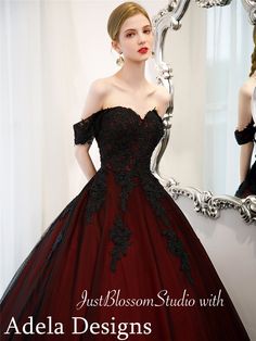 This gorgeous gown made with high quality materials and stunning details. The dark red/burgundy satin dress coming with black chiffon overlay.  The fitted beaded bodice with beautiful lace up corset open back, and complete with multi layered skirt.  The dress in picture is styled with a petticoat underneath.  If you need a petticoat goes with the dress, please PM, thanks! Picture shown in Black/Dark Red *Petticoat is included!! *The dress can be completely made within 6-8 weeks.  Please contact Elegant Black Ball Gown With Boned Bodice, Burgundy Ball Gown Evening Dress, Burgundy Ball Gown For Prom Season, Black Lace Gown With Sweetheart Neckline, Red Evening Dress With Corset Back For Wedding, Black Evening Dress With Corset Back For Debutante Ball, Fitted Burgundy Ball Gown, Red Corset Back Evening Dress For Wedding, Black Lace Evening Dress With Boned Bodice