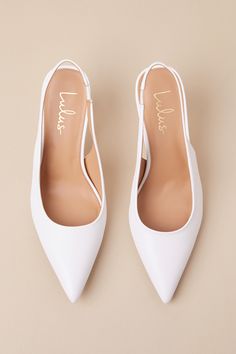 Make your posh presence known the moment you strut in wearing the Lulus Cambrea White Pointed-Toe Slingback Pumps! Smooth faux leather shapes these exquisite heels that feature a pointed-toe upper that carries into a slender slingback strap (with a bit of elastic at the instep for fit). A stiletto-style heel lends an eye-catching finish to this classic silhouette. 3" stiletto heel. Lightly cushioned insole. Rubber sole has nonskid markings. Man made materials. Imported. Lulus | Cambrea White Poi Wedding Slingback Kitten Heels With Sculpted Heel, Chic Slingback Kitten Heels For Wedding, Chic Wedding Slingback Kitten Heels, Low Heel Slingback Pumps With Sculpted Heel For Wedding, Slingback Pumps With Sculpted Low Heel For Wedding, Chic Low Heel Slingback Sandals For Wedding, Classic Slingback Pumps For Wedding, Classic Wedding Slingback Pumps, Feminine Slingback Pumps With 4-inch Heel For Formal Events